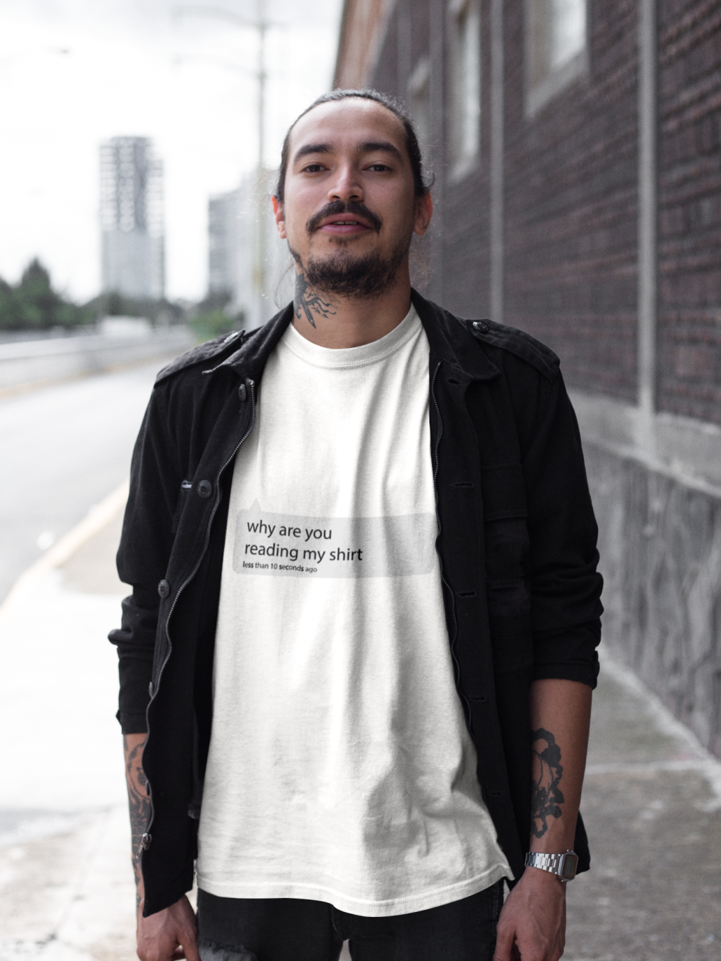 man wearing a white custom T-shirt